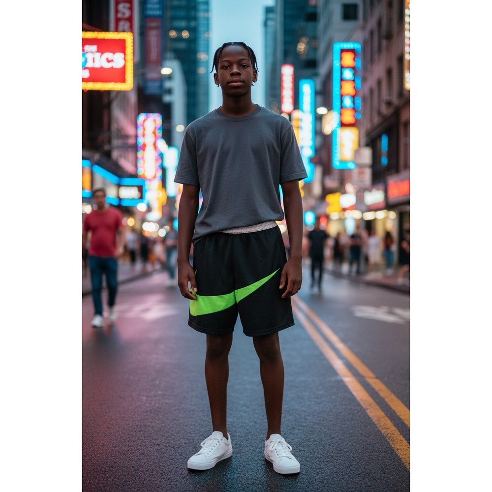 Nike Boys Black Dri-FIT Basketball Shorts Large Neon Green Swoosh Mesh Athletic